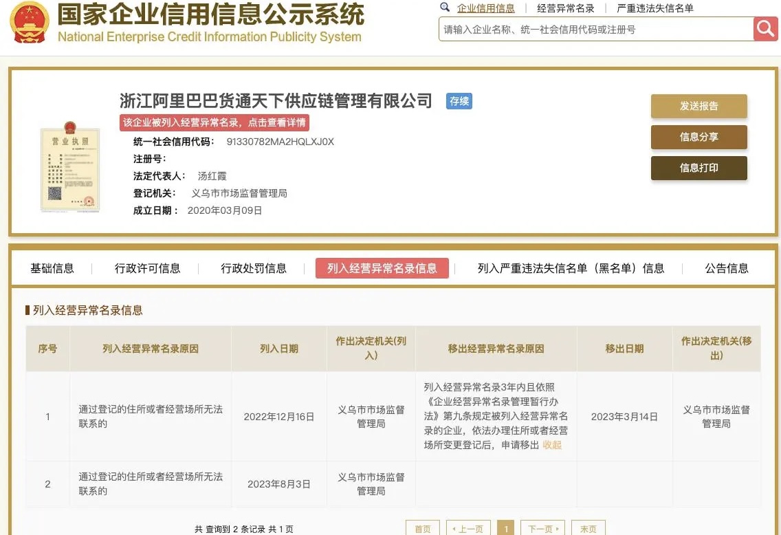 阿里旗下货通全国显现运营反常 相关危险高达294条